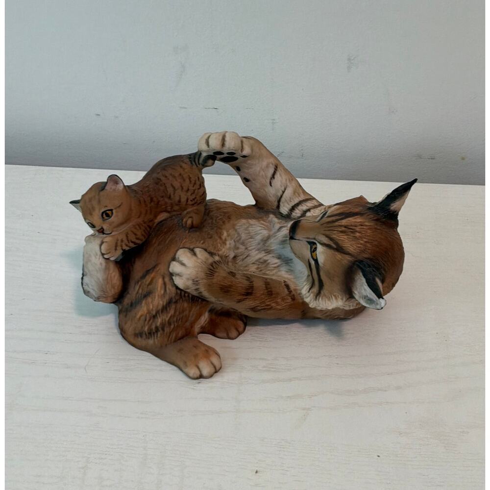 Nicholas Wilson Playful Morning Bobcat Mom and Kitten Wildlife Figurine